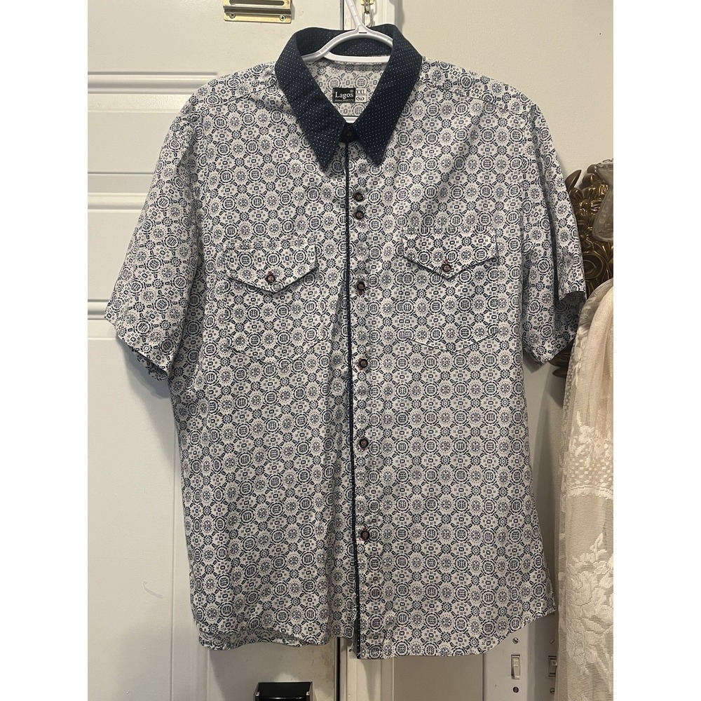 Lagos Mens XXL Geometric Tile Print Button Up Shirt Contrast Polka Dot Collar